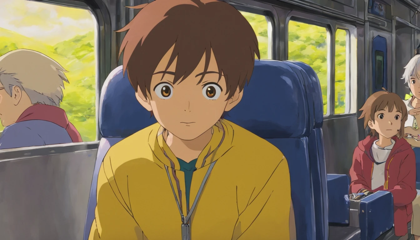 Brother,boy,12year old,yellow clothing,Inside the train,he is on the seat,Close-up,Only the face