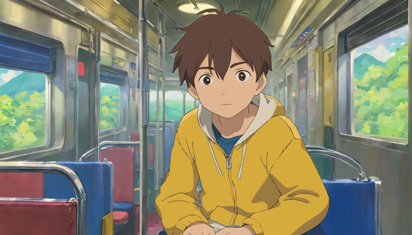 Brother,boy,12year old,yellow clothing,Inside the train,he is on the seat,
