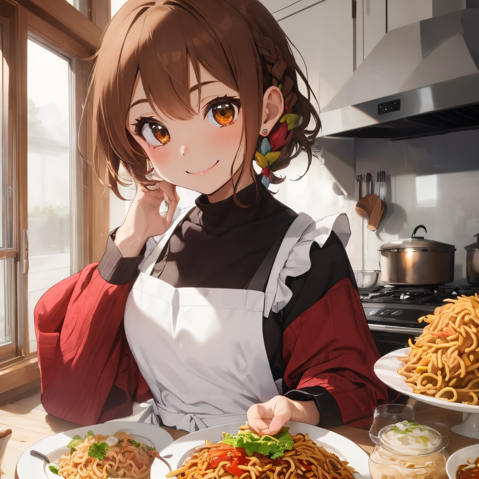 (Colorful and cute home kitchen),((Brown eyes)),((twin braided short hair)),((Brown hair)),(Long-sleeved clothes with loose lantern sleeves),(Pure white apron with lots of frills),((In the middle of the meal)),(Yakisoba bread on a plate),There are lots of salads, soups, and other dishes around..,(Looking at me with a smile),Kamimei,((close up of face)),Slight red tide,