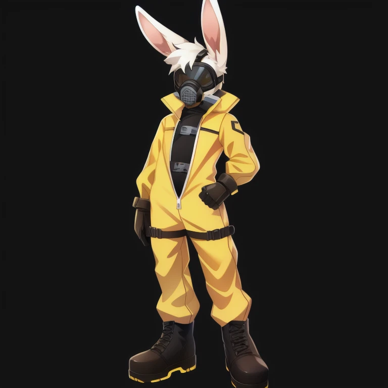 solo, male, rabbit, white colored fur, lean body, Anthropomorphic rabbit, yellow jumpsuit, black boots, gasmask, electric gloves