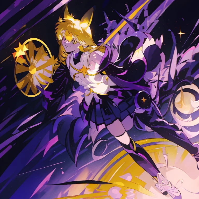 Short light yellow hair，Wear a black and purple full skirt.，He has yellow fox ears，Black glasses with very thick frames.，Wears black silk to the knees.，waist-high, (Pop style,flat colors,star pattern,pastel,shiny eyes,Smile,Cosmic atmosphere,colored lineart,outline,simple