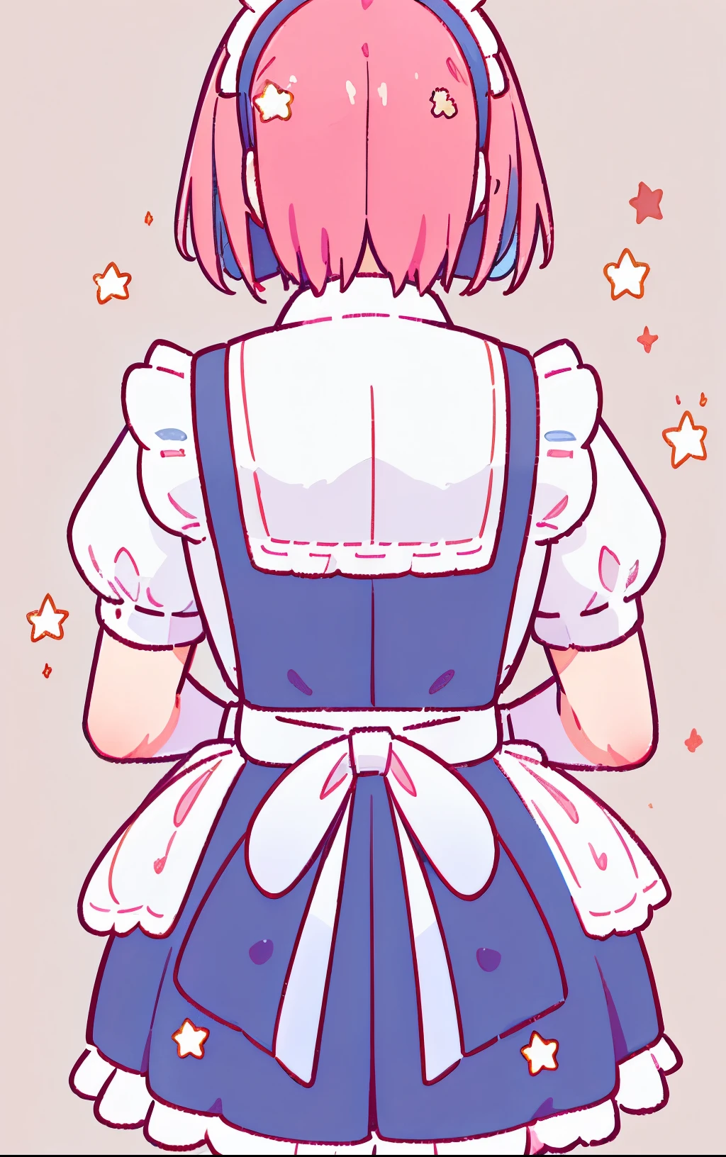 (masterpiece:1.2), best quality, highres, original, (extremely detailed:1.2), ultra-detailed, wallpaper, perfect lighting,(extremely detailed CG:1.2), 8k, (cute illustration, cute style, kawaii), 1girl, solo, maid, short hair, (multicolored hair, maid hairbrand, star hairclip, maid dress, apron, short sleeves1.24), close-up, back-angle, from behind, dreamlike background, cute background