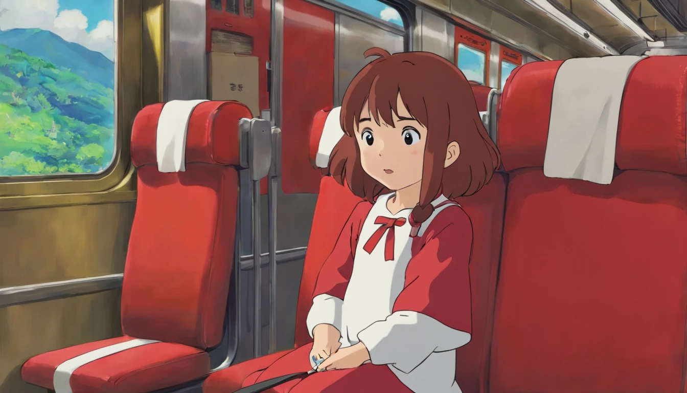 Younger sister,7 years old,Red clothes,Inside the train,talking on the seat,Close-up,Only the face