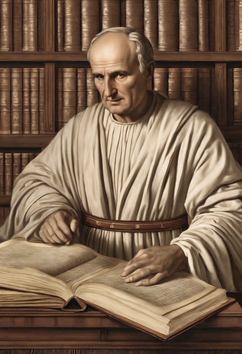 An image of Marcus Tullius Cicero browsing through a collection of ancient manuscripts in the Library of Alexandria.,original,Marcus Tullius Cicero has a slender and tall build with a prominent forehead and high hairline. He has a long, thin face, a straight nose and a sharp chin. He has expressive and animated facial expressions. Meticulous in his appearance. Often wears a Roman Toga. He pays attention to his hair and beard. , male