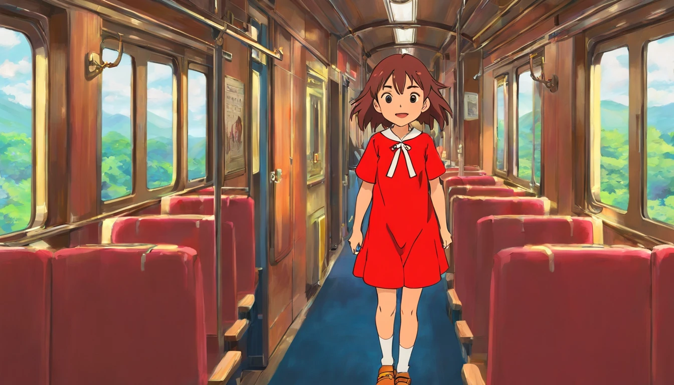 Younger sister，7 ，Red clothes，Inside the train，