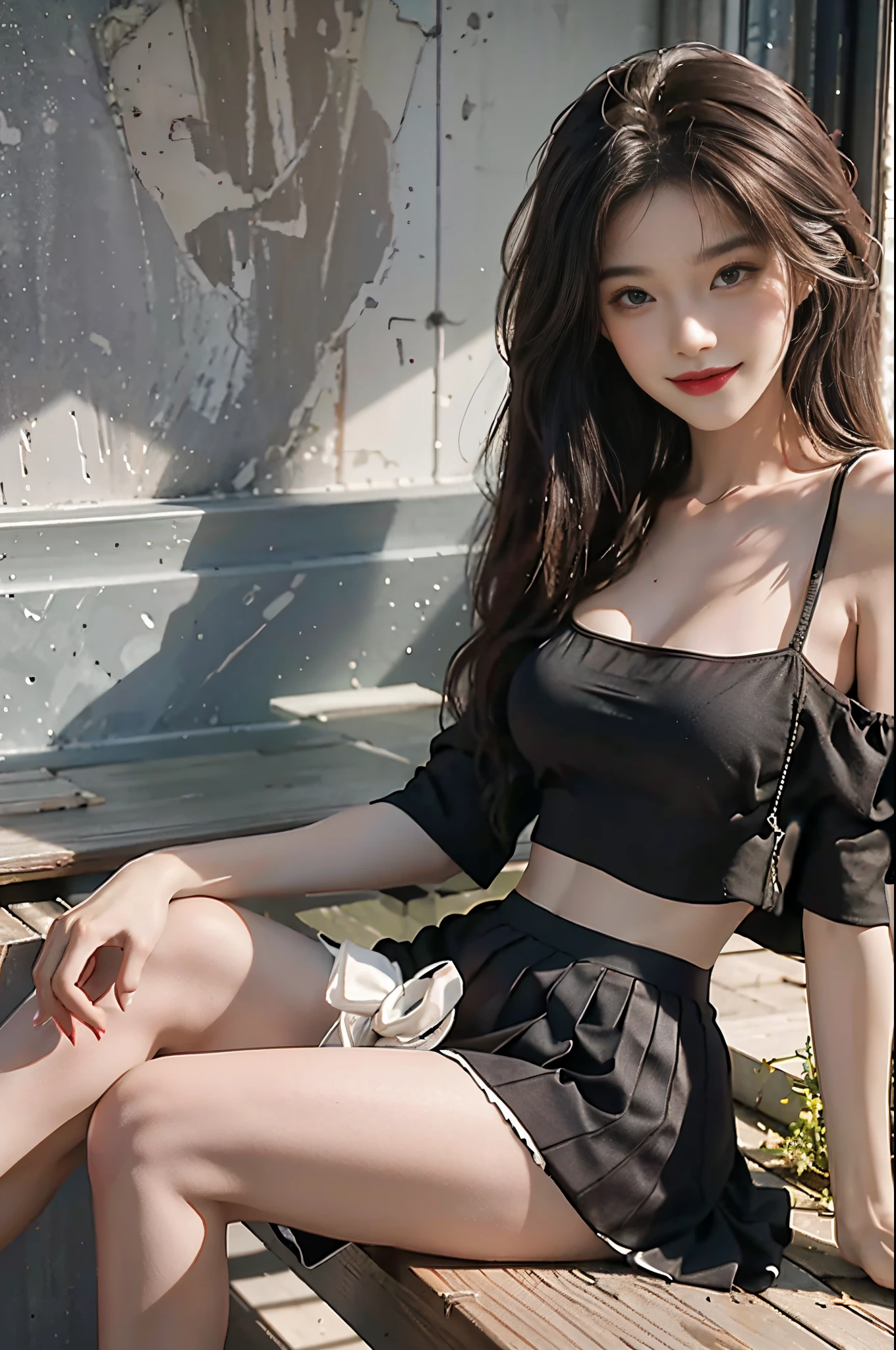 (full body),(from below),20-year-old sexy model,mixed4,black camisole,white pleated skirt,off-shoulder,full bust,slim figure,sitting on the stairs,posing for a photo,(best quality,4k,8k,highres,masterpiece:1.2),ultra-detailed,(realistic,photorealistic,photo-realistic:1.37),portrait,professional lighting,smiling.