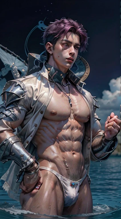Eye and skin details, face details, , (Sharp focus: 1.2), (Precise focus) sharp face: 1.2),handsome, (((Boy))), Standing, Short hair, Purple hair, (Shirtless), Exposed pecs, Six pack abs, transparent white briefs, Summer, Ocean water, Blue sky , ((transparents thong)),Sunny, White clouds, Sunlight, Water table, ((puffy nipples)),(swollen nipples),((photorealistic)),(pointy nipples), (big bulge), big ass, big booty, ((face detail)), (perfect model face), (bodybuilder),(nsfw),(pubic hair)