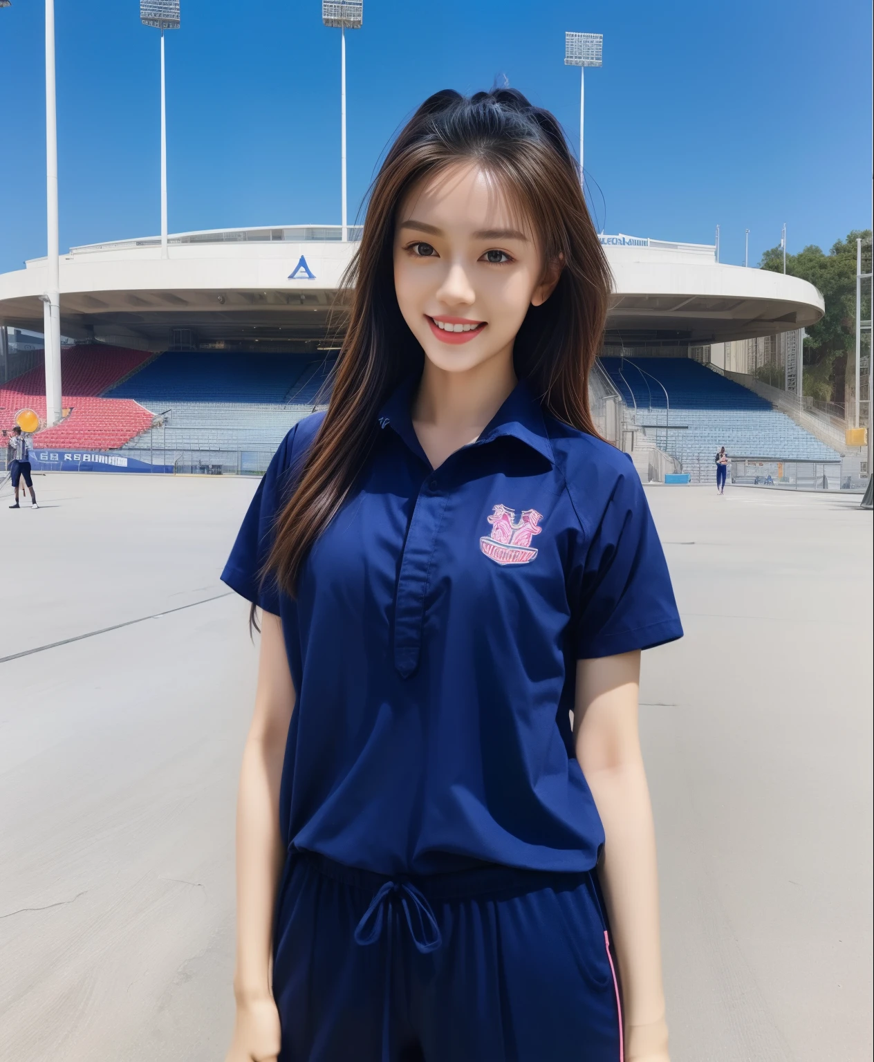 (bestquality,10,10,highres,masterpiece:1.2),ultra-detail,(Realistic,photorealistic portrait,photo-realistic:1.37),1 Cute girl in the football field,oily shiny skin,bara,light smile,BDclothes,((blue shirt:1.3)),short sleeves,shirt, trousers.,(navy_long_Pants Track:1.1), ((Stadium Background:1.3)),dynamic angle,excited,face focus,Dynamic Poses,from behide,Ass Focus,masterpiece, bestquality, ultra realistic, hyper-detail, 8k resolution, RAW photo, crisp focus, ((Navy blue shirt:1.1)), short sleeves, Long Path, Perfect body, 2 mature women, 18yo, cinematic light,Blue sweatpants,Gymware,Correct anatomy,Complete body, Correct body, sharp face, Anatomically correct body, full entire body, Realistic gestures, long-haired, Realistic poses,Wear long shorts........................,Long leg span,Shapely,Sculpting Girl, Slender Figure, mannequin mannequins, Shapely, Beautiful body,Blue sweatpants, Two girls kissing