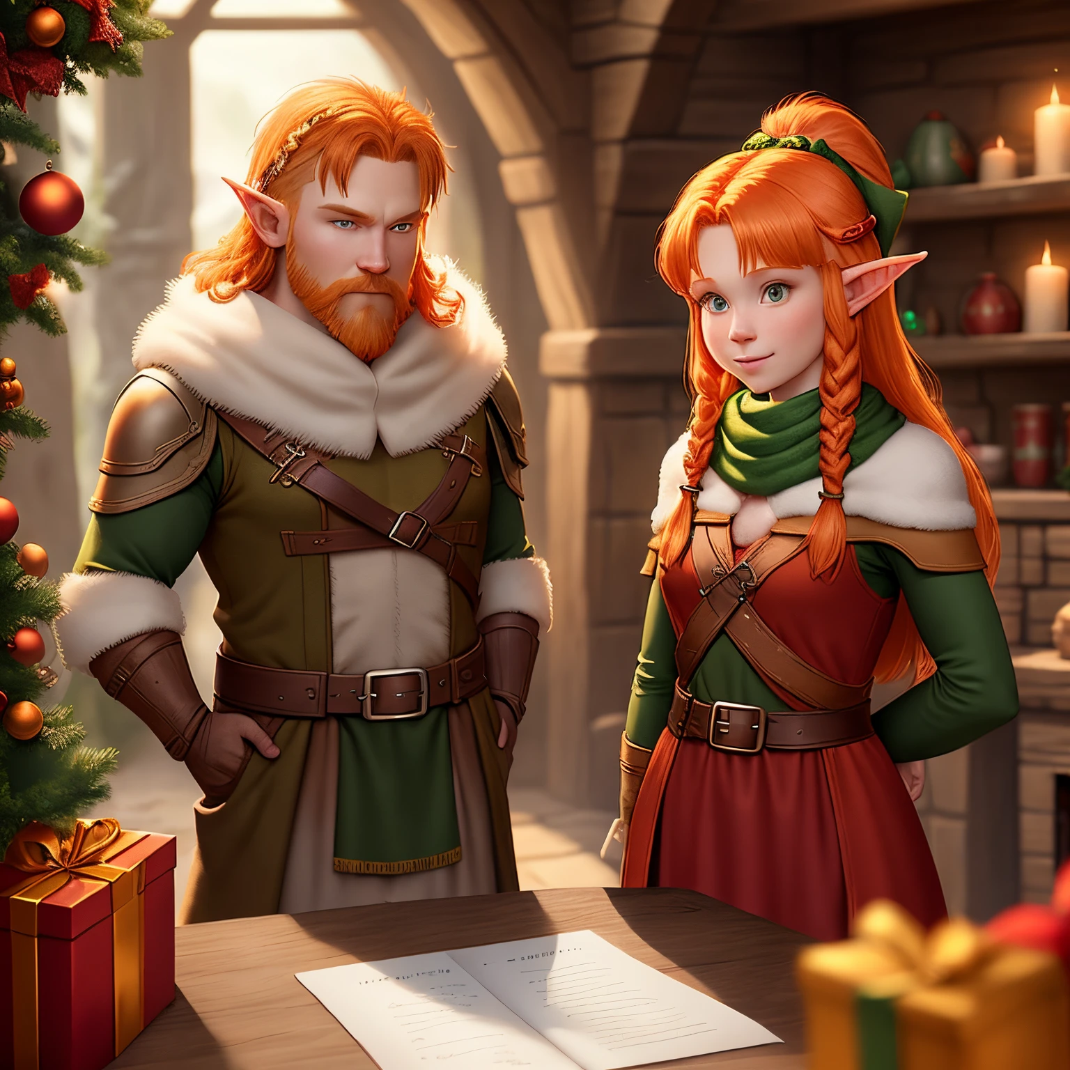 sunshine ginger female elf character taking chirstmas photo with grumpy nonbinary ginger elf charater dnd style
