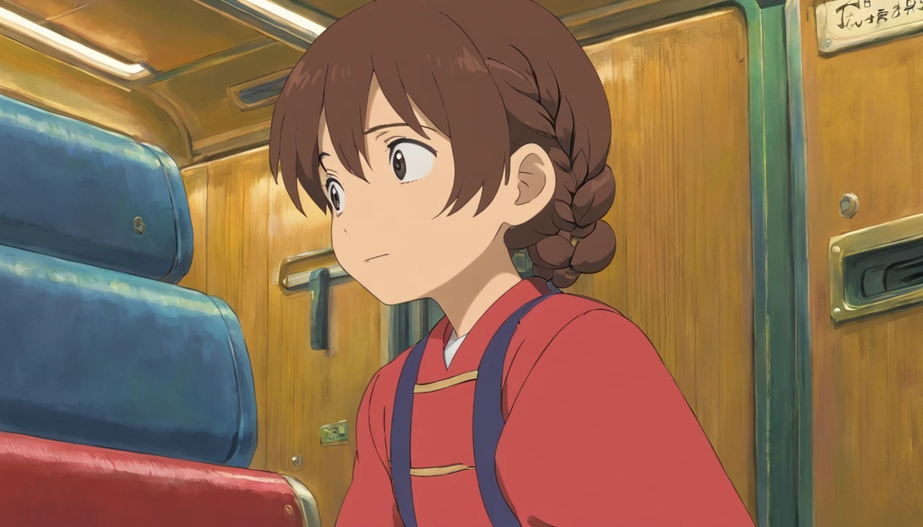 conductor，Coveralls，30 age old，Braided，Inside the train，talking on the seat，Close-up，Only the face