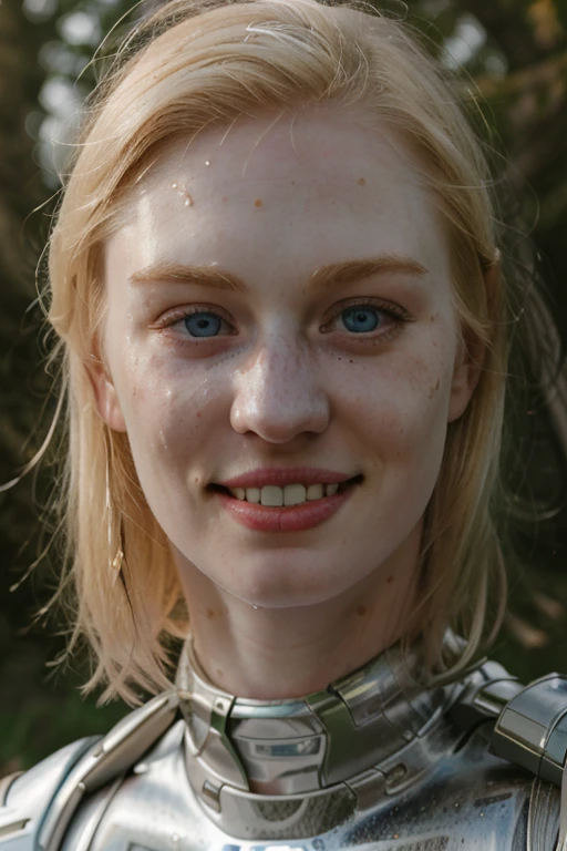 Ultra realistic photography of dbwl woman with many huge beauty marks on her natural pale white skin  ,    (full body portrait )  ,  SFW,  (((wearing chrome exosuit))), 

 ((fighting stance)),   natural (  pale light blonde eyelashes) , blue eyes, medieval background,
 detailed Natural pale white skin  with (many huge round beauty marks) , smile, light pale blonde eyebrows,
 in frame,  happy, clean cheeks,
detailed, natural light blonde,  outdoors, sunny, high resolution, photograph, RAW photo, chr0me4rmor, sexy