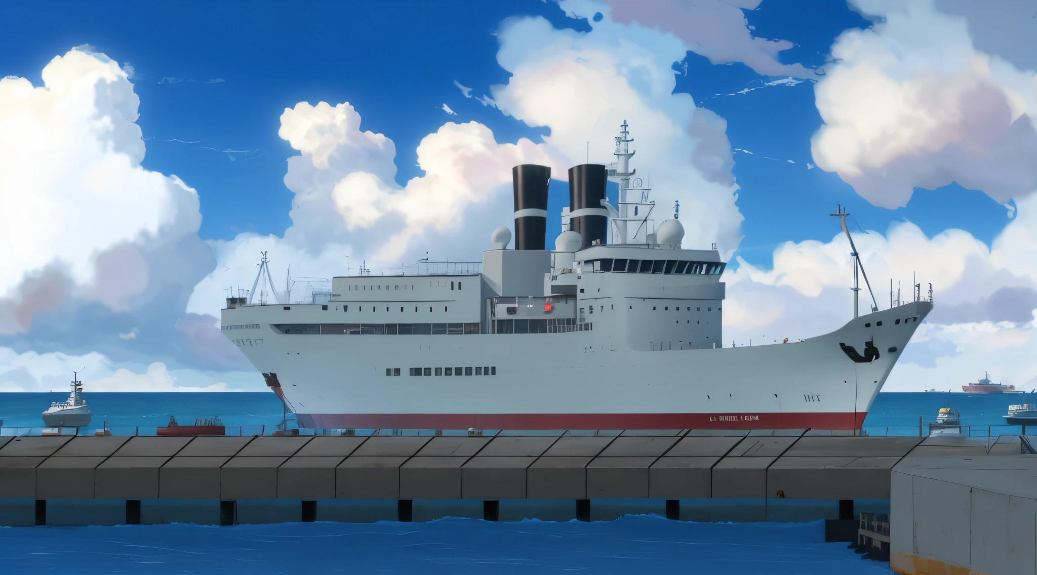 a ship's chimney parked in the harbor, a gray ship with a red bottom, 2 black chimneys, a port with red and white concrete, a gray port plain, there is only one ship, one ship, anime, anime background, anime style, 4k, 4k background, 4k detailed, blue sky, clouds,