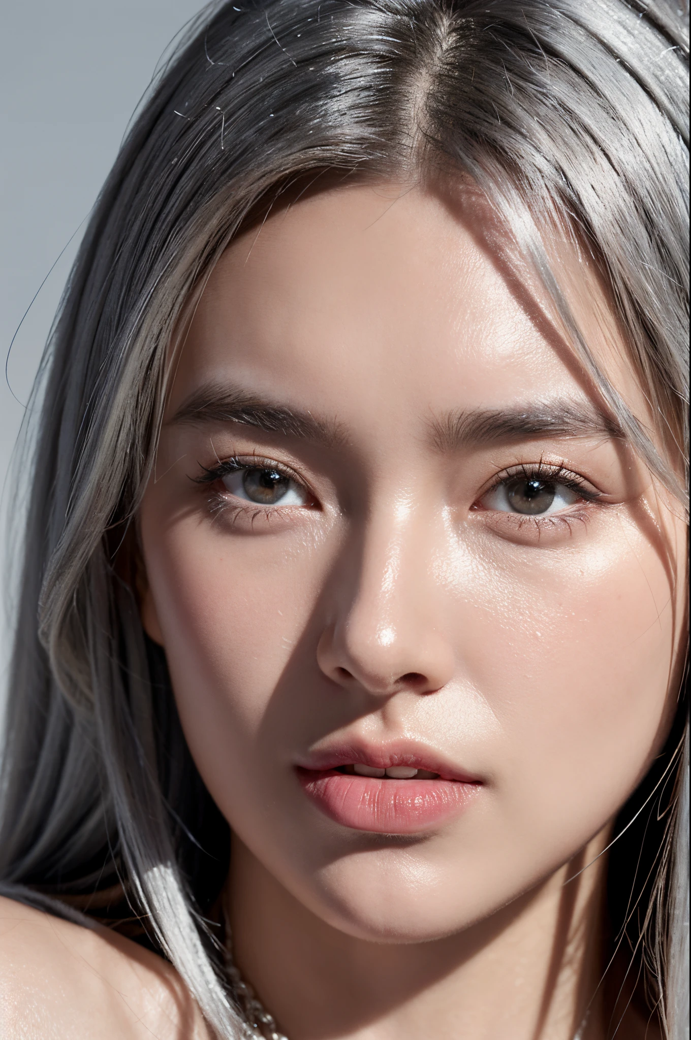 Extreme close-up portrait featuring photorealistic rendering with dynamic lighting. Focus on the face with zoomed-in effect, highlighting the beauty of silver hair.