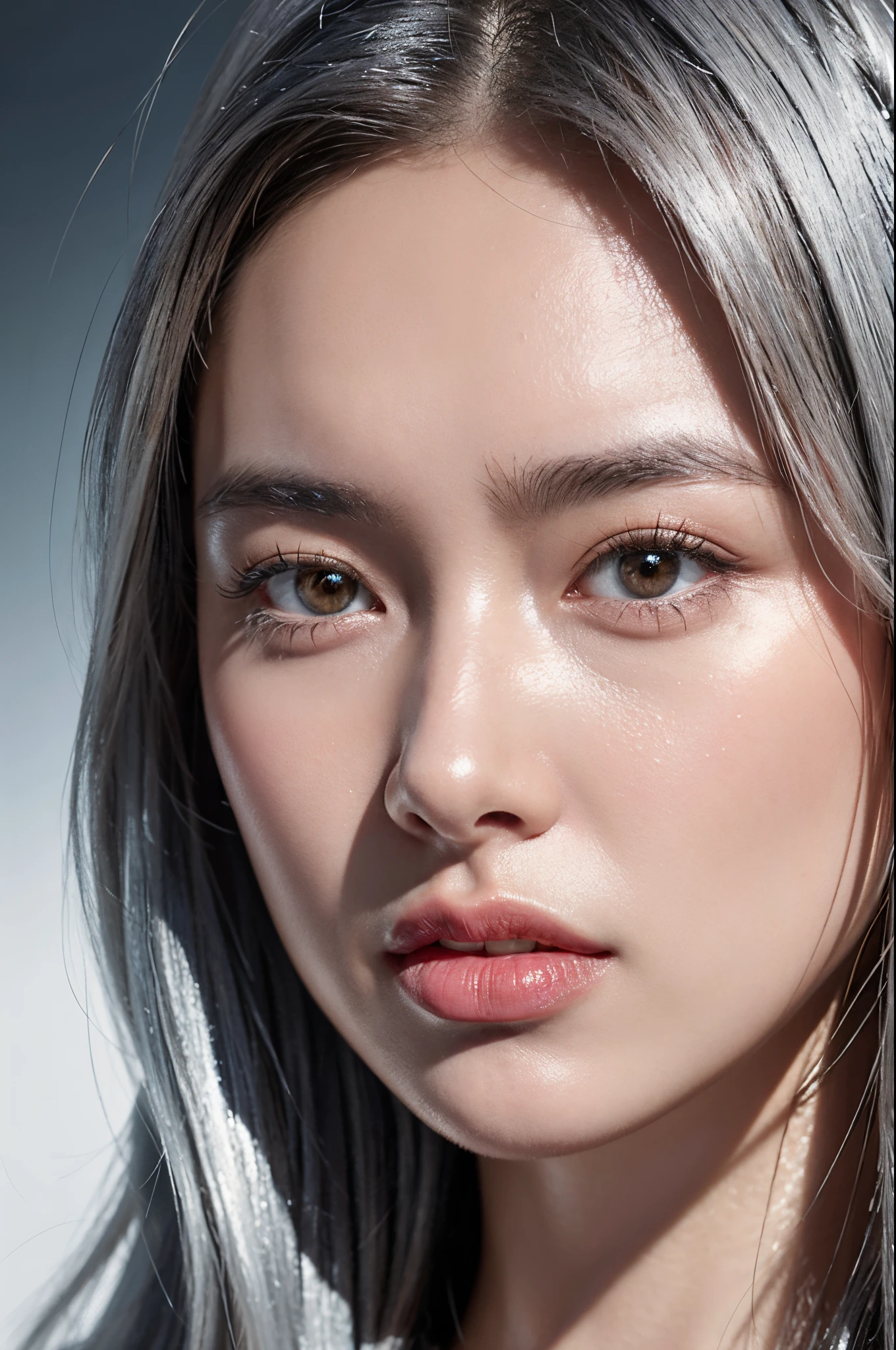 Extreme close-up portrait featuring photorealistic rendering with dynamic lighting. Focus on the face with zoomed-in effect, highlighting the beauty of silver hair.