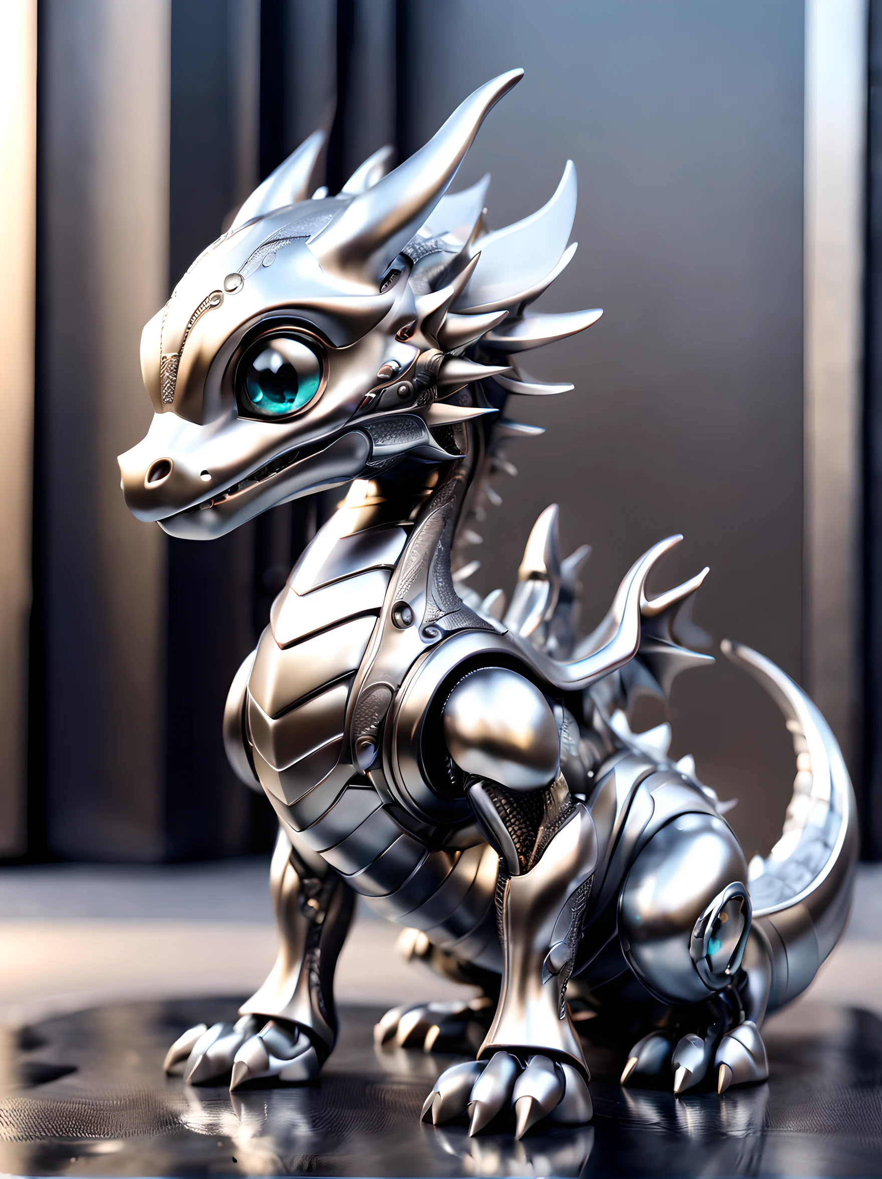 A charmingly adorable  dragon with a kawaii twist is depicted in this metallic silver robot. The intricately designed robot showcases the small dragon with its metallic silver scales gleaming in the light. Its petite size adds to the cuteness factor, while the metallic silver hue gives it a futuristic touch. This mesmerizing image, whether a digital artwork or a detailed sculpture, captivates viewers with its impeccable details and high-quality craftsmanship.