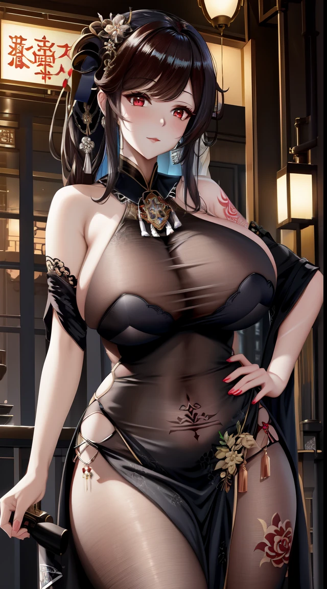 tmasterpiece,Best quality,extremely detaild的 CG unified 8k wallpapers, tmasterpiece, Best quality, CG, optics , Chenhai (Azur Lane),detail processing,{ red eyes }, cabelos preto e longos,{ virtuous,A mature woman}, Huge cleavage,Intimacies,eventide,The beautiful_the face,Clear face,face expressionless, dancer ,Beautiful buttocks,arm ring, bangle,long sarong,tattoo