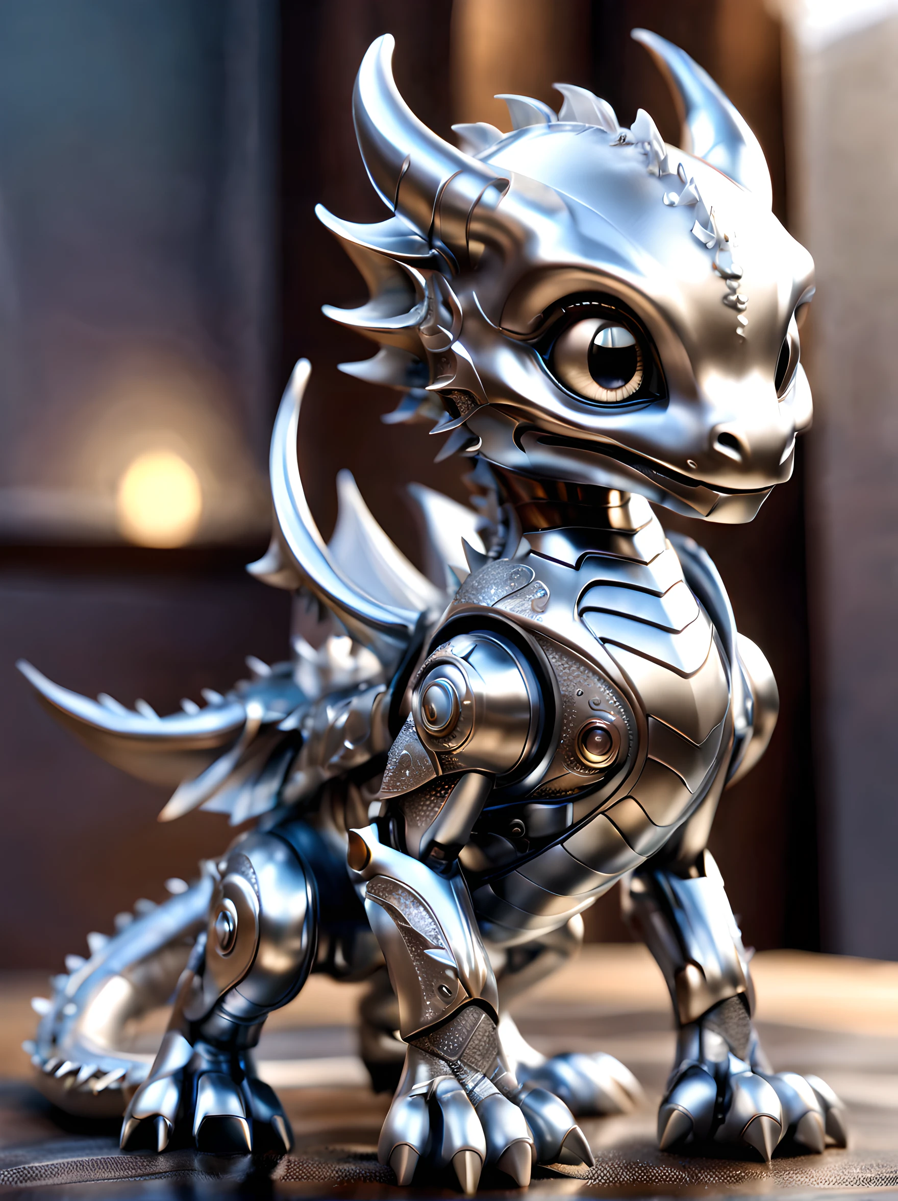 A charmingly adorable baby dragon with a kawaii twist is depicted in this metallic silver robot. The intricately designed robot showcases the small dragon with its metallic silver scales gleaming in the light. Its petite size adds to the cuteness factor, while the metallic silver hue gives it a futuristic touch. This mesmerizing image, whether a digital artwork or a detailed sculpture, captivates viewers with its impeccable details and high-quality craftsmanship.