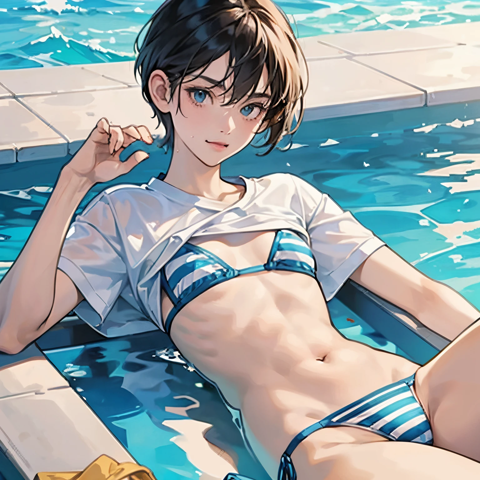 1girl in,boyish, A handsome girl in bikini shorts and a T-shirt is holding a float and looking at me..,ssmile,Accurately drawn face,A dark-haired,Undercut shorthair,skin tanned,A slender,flat chest,tre anatomically correct,Precise fingers,Striped Micro Bikini Panties,I'm wearing a white t-shirt,My T-shirt gets wet and I can see my naked body underneath.....,in poolside,masterpiece,Best Quality,