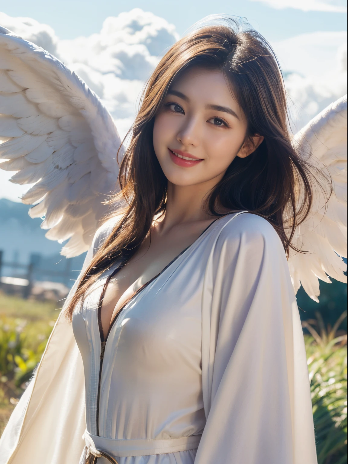 ((((top-quality))))、(((Ultra Precision CG16K Wallpapers)))、(((masterpiece)))、(((ultra-detailliert)))、(((Ultra-extreme details)))、1Man Woman、a matural female、An 18-year-old woman、((Korean Face))、((extremely beautiful face))、((sasaki nozomi:1.5))、((Soft wave semi-long hair:1.3))、(shinny hair)、Bangs up to the eyebrows、Beautiful brown hair、Beautiful delicate eyes、Brown eyes、raised eyebrows、lofty nose、small nostrils、Small mouth、seductive lips、slightly open mouth、Beautiful breasts、C-cup size breasts、cleavage of the breast、Plump body、perfectly proportions、perfect anatomia、perfect-composition、beautiful detailed shading、Beautiful natural lighting、Beautiful detail glow、depth of fields、(((a high chroma)))、(((realisitic:1.9)))、((Vivid:1.4))、((Beautiful skin))、((Skin texture))、((Realistic skin feeling))、(((cowboy shot:1.5)))、((Frontal angle:1.5))、((a smile:1.3))、(Eyes looking at me)、Bright sunshine、(((Walking on clouds:1.5)))、(Blur the background)、(((angel's robe:1.5)))、(((angel wings costume:1.5)))、((2 arms、2 legs:1.2))、