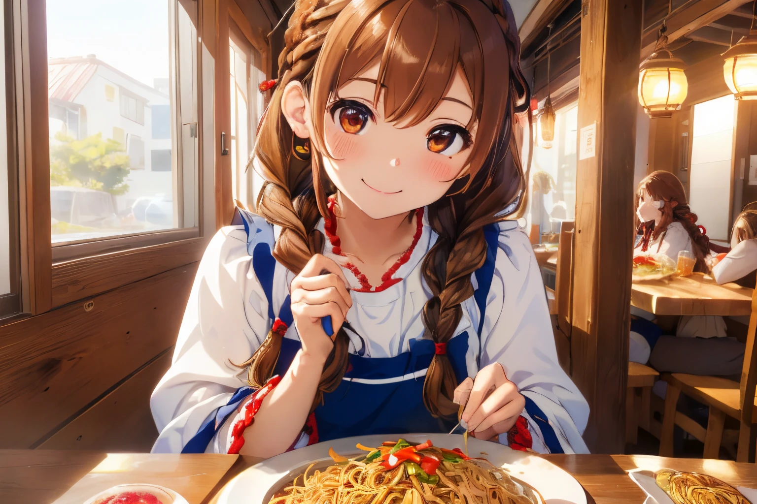 (Colorful and cute home kitchen),((Brown eyes)),((Braiding)),((Twin braids)),((Brown hair)),(Long-sleeved clothes with loose lantern sleeves),(Pure white apron with lots of frills),((In the middle of the meal)),(Yakisoba bread on a plate),There are also many salads, Soup, Other restaurants nearby..,(Looking at me with a smile),Kamimei,((close up of face)),Slight red tide,