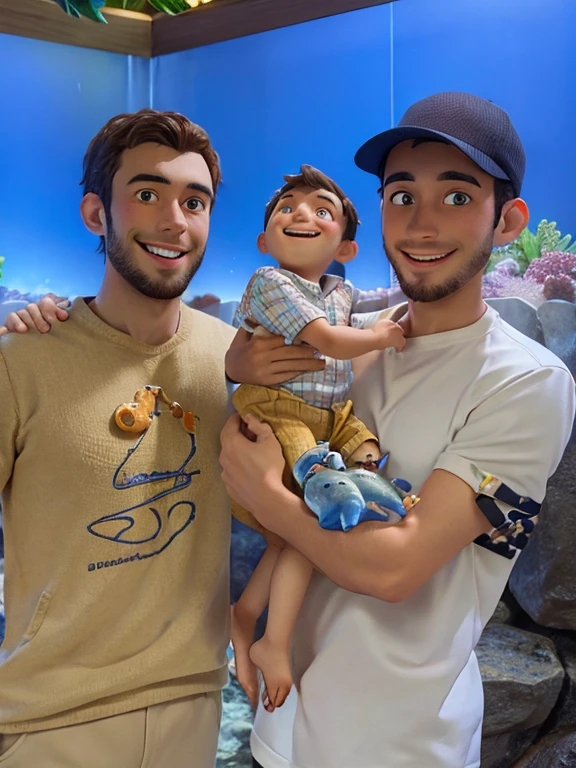 Homme et sont frère souriant avec son fils dans les bras souriant également en étant en à l’aquarium dans une ambiance Pixar