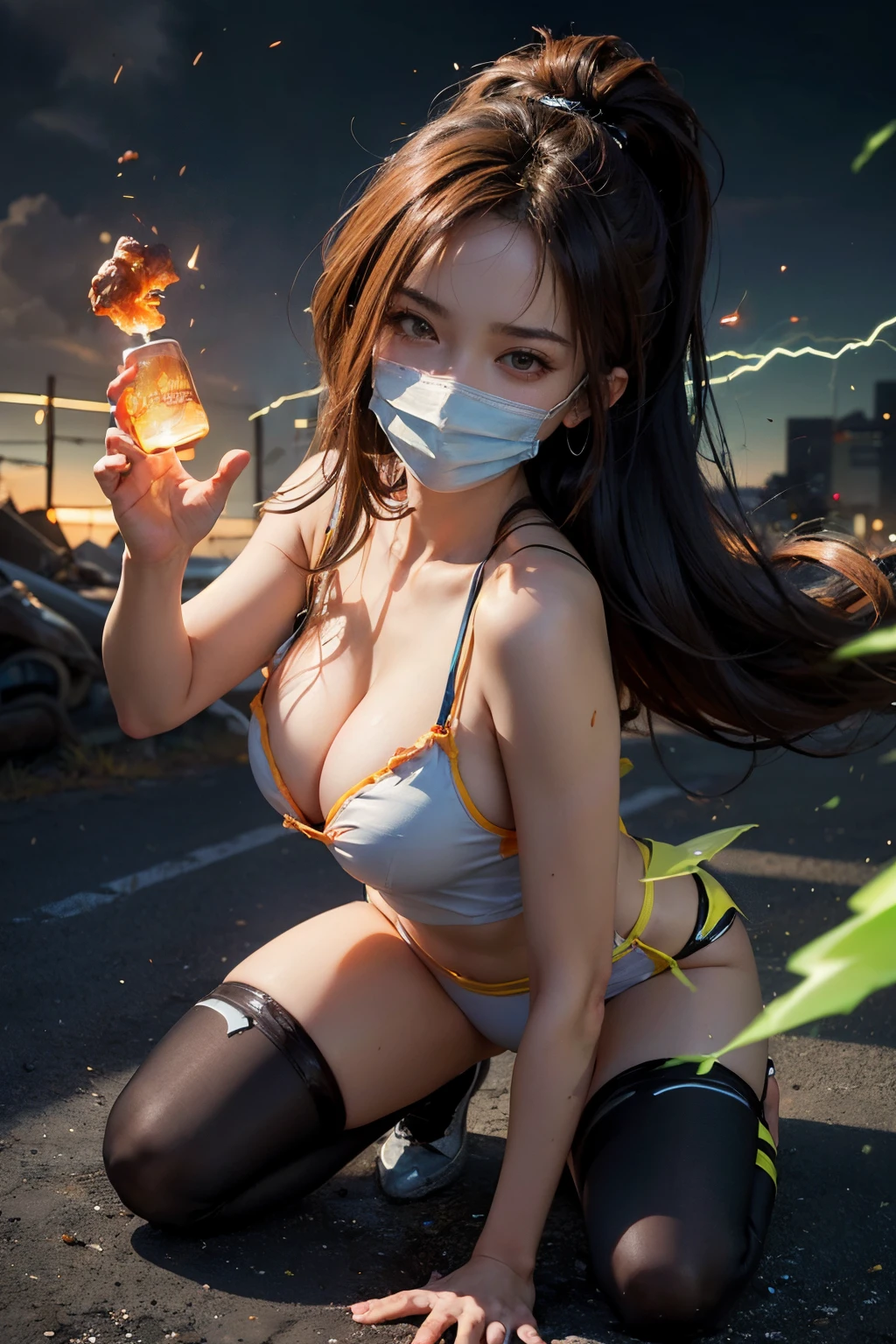 ((best quality)), ((masterpiece)), (detailed), perfect face, ((best quality)), ((masterpiece)), (detailed), perfect face, Big tits, asian girl, dragonball style, beatyful face, energie aura around a girl, goku, dragon ball, orange clothes, ((power)), angry, energie, super powered, full body, damaged clothes, stocking, ((fireball on a hand)), looking ahead ,((stocking)), ((orange mask)), ((volt energie around the girl)), more boobs, c17