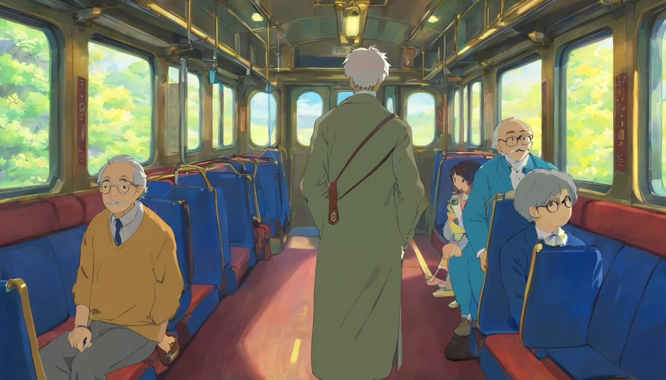 Grandpa,The clothes are blue,Inside the train,