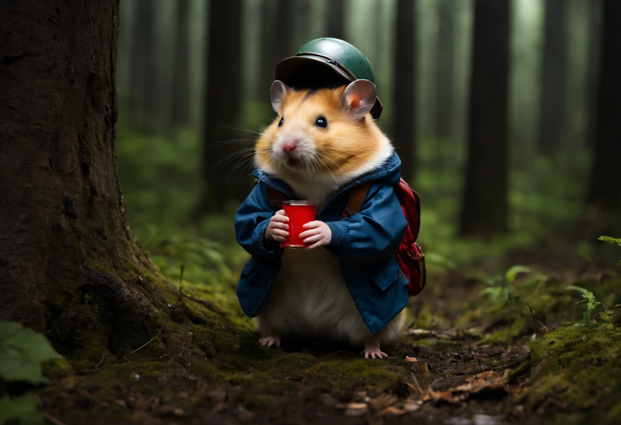 Human Hamster Adventurer,at a forest,darkly,drank