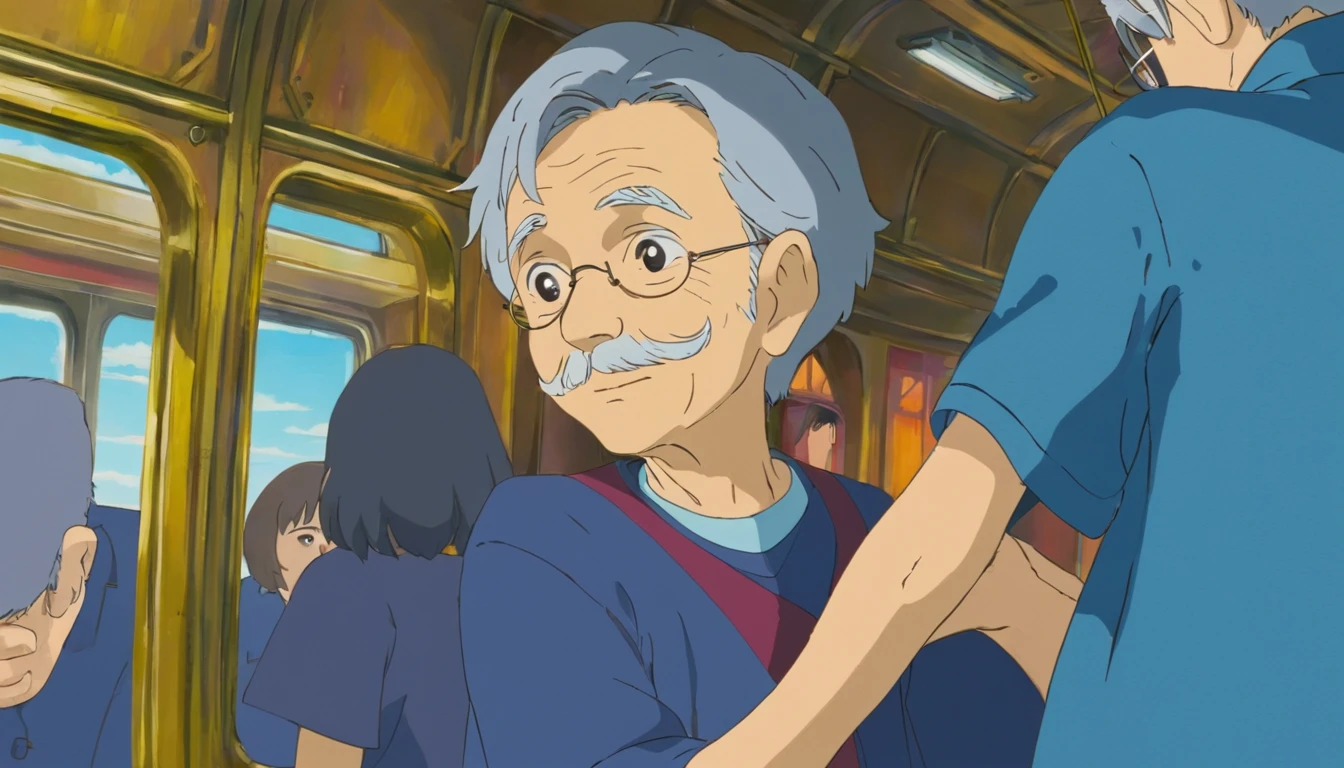 Grandpa,The clothes are blue,Inside the train,Close-up,Only the face