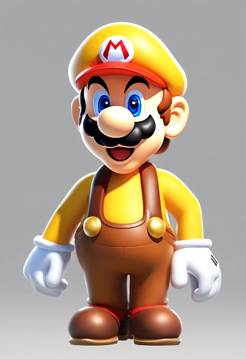 (Mario), character design, nintendo super mario, (Blue Eyes, yellow hat, Yellow clothes, brown suspenders, white glove, )Super cute blind box style, chibi, s whole body, exaggerated expressions and actions, Clean background, Bright iridescent highlights, studio lit, Atmospheric lighting, With exquisite texture, High Detail, high resolucion, C4D, ..3D, mixer, 8K, Best Quality, Ultra High Definition