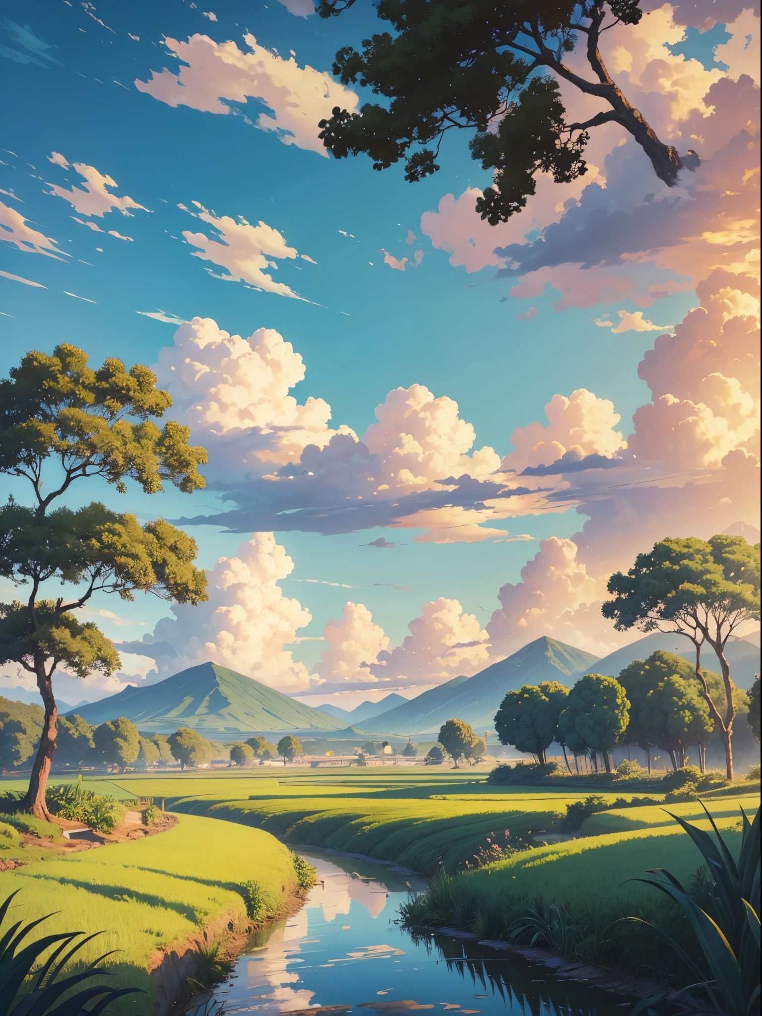 there is a painting of a rice farm with a dirt road, small river, coconut trees, anime countryside landscape, anime landscape wallpaper, anime landscape, beautiful anime scenery, beautiful puffy clouds. anime, anime scenery, anime background, anime background art, country landscape, anime beautiful peace scene, beautiful anime scene, countryside, hd wallpaper, anime movie background, high quality desktop wallpaper, landscape wallpaper