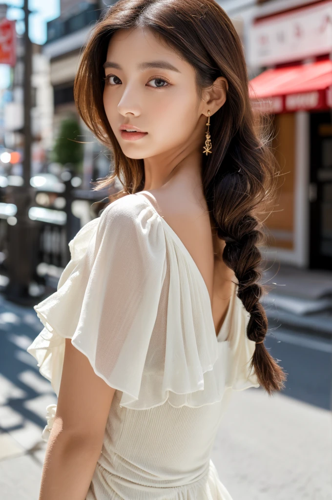 ((Top Quality, 8k, masterpiece: 1.3)), focusing: 1.2, Perfect Body Beauty: 1.4, butt: 1.2, ((Layered hairstyles, Flat chest: 1.2)), (Sateen, the street: 1.3), Bandeau Dress: 1.1, highly detailed face and skin textures, Fair eyes, Double eyelidd, Whitened skin, long hair, (Please stop talking: 1.3), s whole body, South Korea