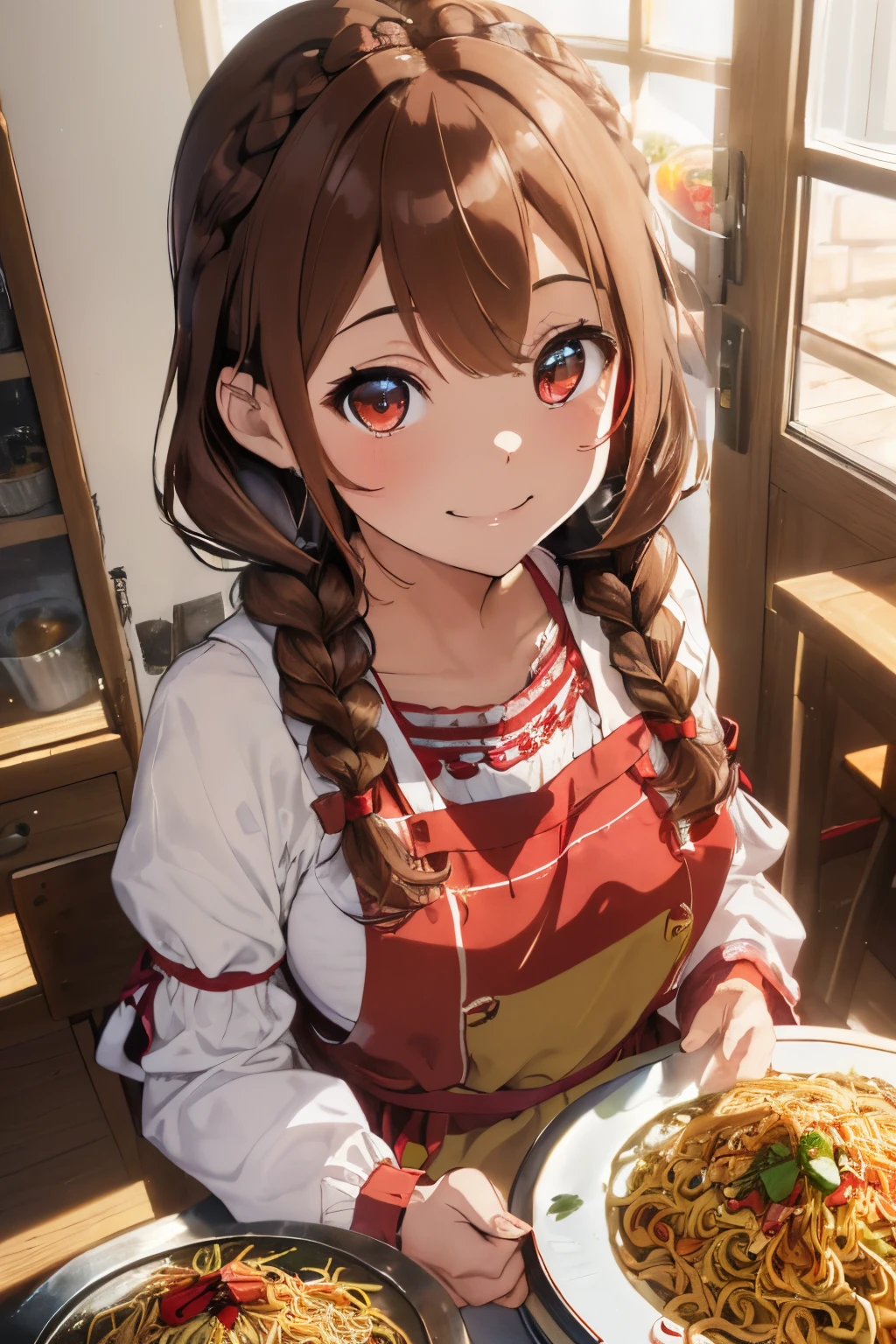 (Colorful and cute home kitchen),((Brown eyes)),((Braiding)),((Twin braids)),((Brown hair)),(Long-sleeved clothes with loose lantern sleeves),(Pure white apron with lots of frills),((In the middle of the meal)),(Yakisoba bread on a plate),There are also many salads, Soup, Other cuisines nearby..,(Looking at me with a smile),Kamimei,(((close up of face))),Slight red tide,((Perspective from above)),