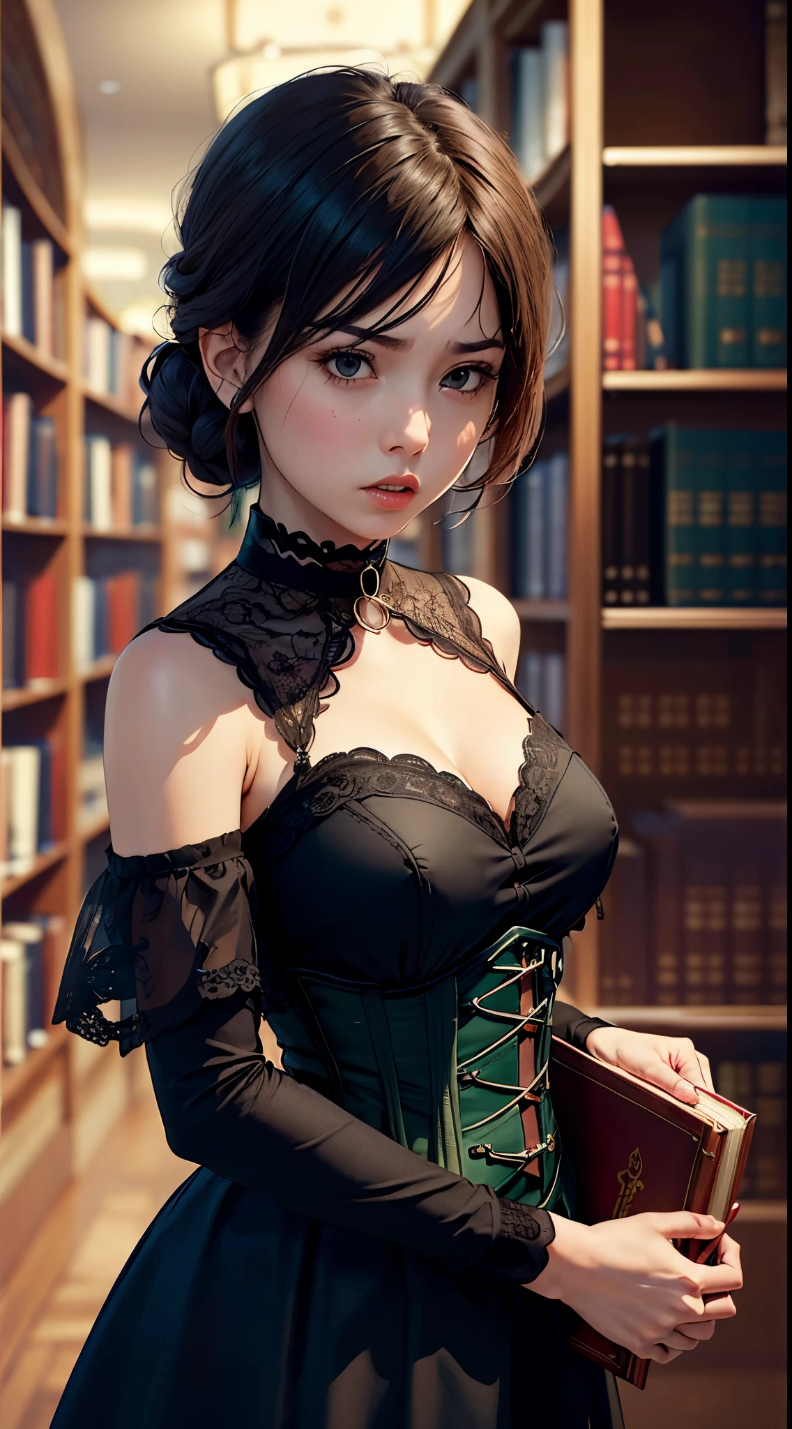 1girl in, Solo, Juufutei Recommended, Black Choker, Black Dress, Green corset, black capelet, Upper body, (Inside), (Library), (bookcase)、A little angry face