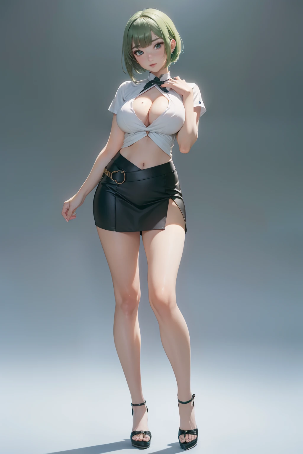 ((masterpiece, best quality, ultra-detailed, ultra-HD, photorealistic, cinematic)), alluring anime girl, average height, (surrealism), (wide shot, full body view:1.5), perfect body, sexy body, perfect face, perfect hands, delicate face, (large cleavage), round ass, long round legs, anime - style image of a woman in a short silken mini skirt and white shirt, seductive anime girl, range murata and artgerm, extremely detailed artgerm, ilya kuvshinov and artgerm, krenz cushart and artgerm, leeloo sexy outfit, photorealistic anime girl render, (short green hair), (sensual pose, hands in the waist), (gradient background:1.2), black eyes, detailed pupils, rosy lips, blushing, slightly parted lips, (revealing outfit), (navel:1.2), thicc