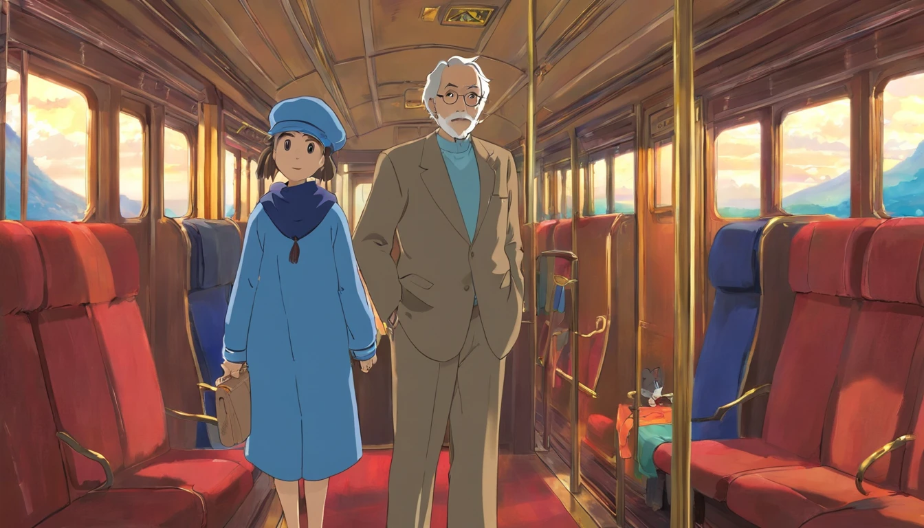 Grandpa,The clothes are blue,Inside the train,