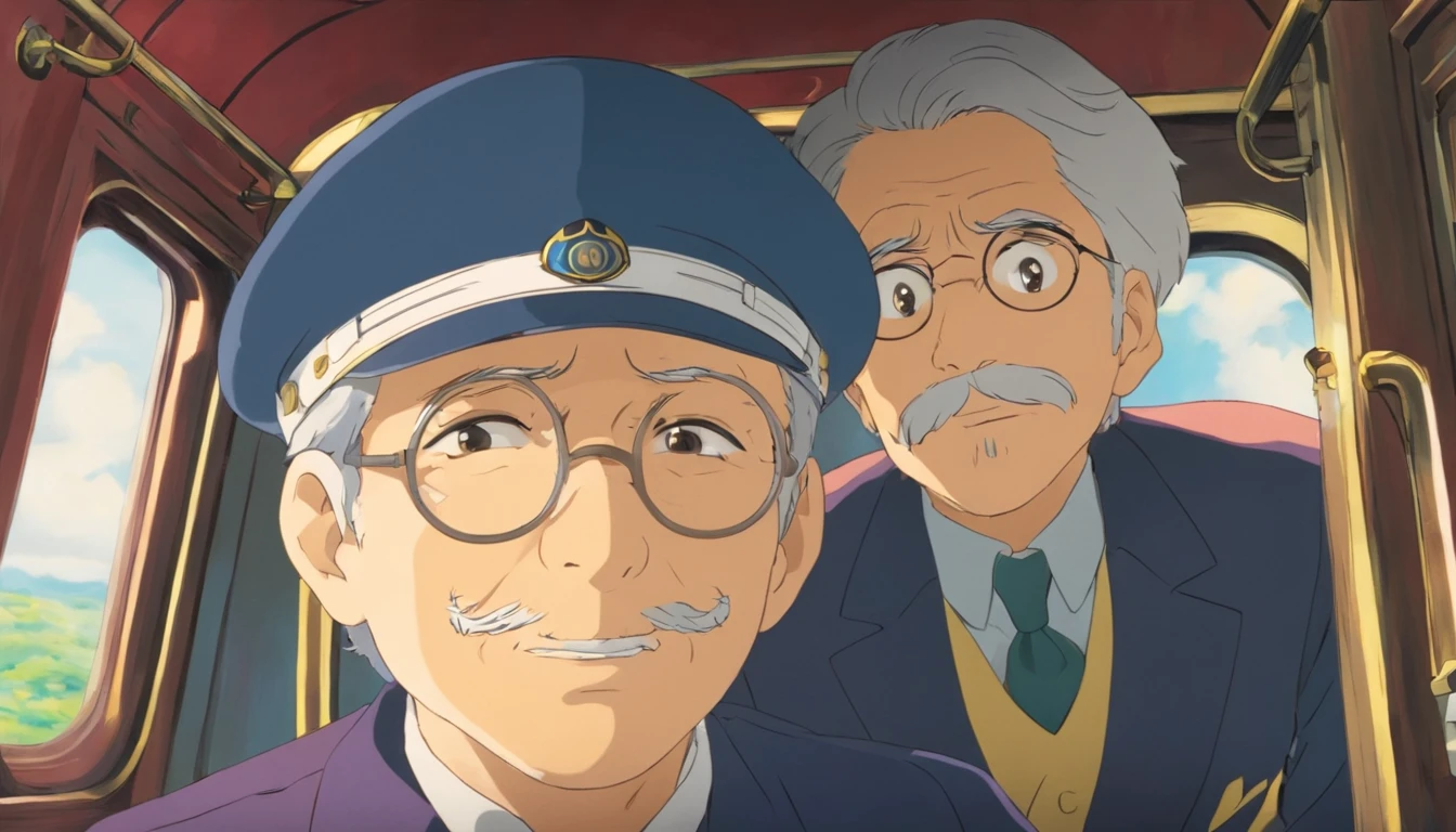 Train driver，uncles，drive a train，train cab，Close-up，Only the face