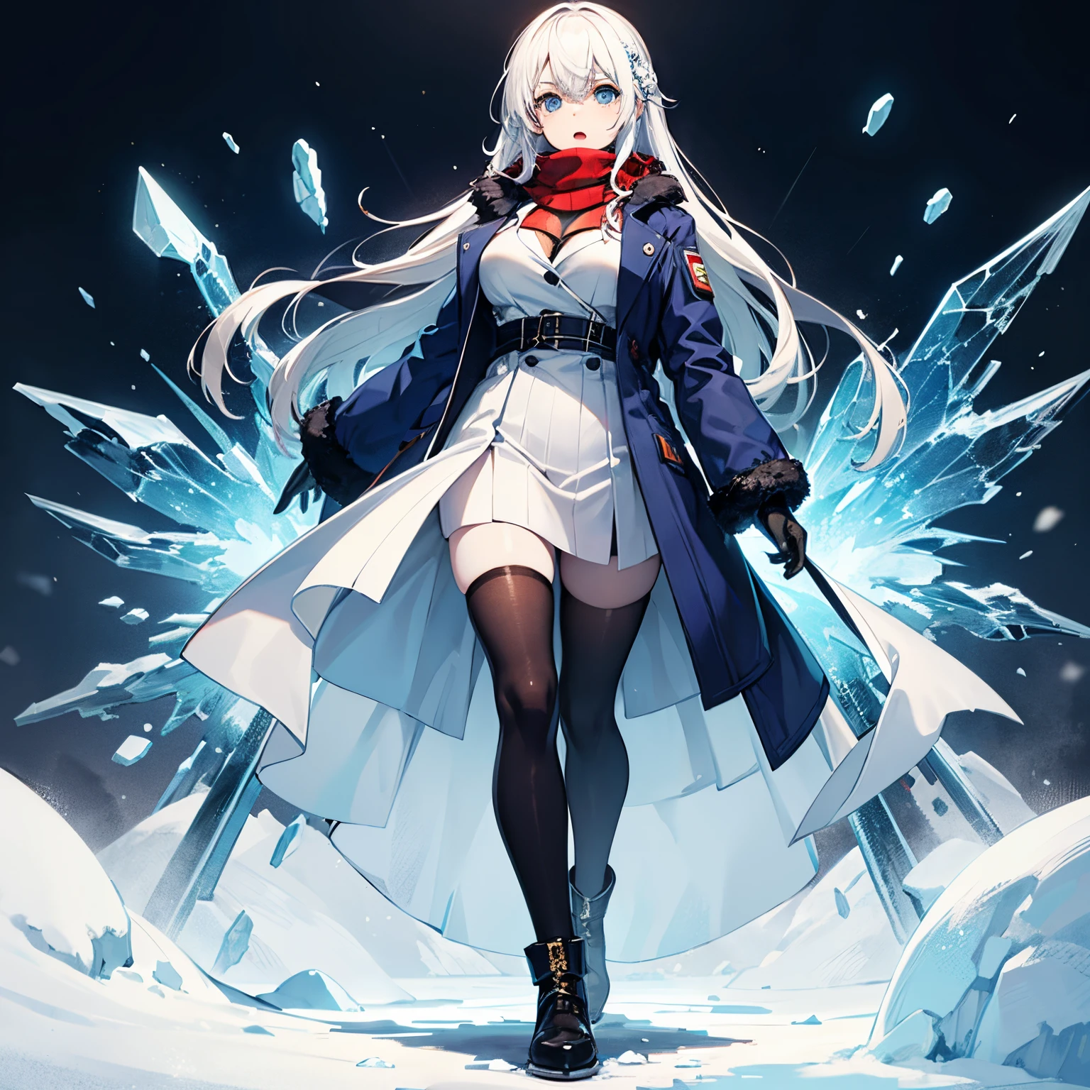 (masterpiece), 1girl, best quality, expressive eyes, perfect face, winter clothes, (white skin, pale skin), gloves BREAK Thick eyebrows, glaring, red scarf BREAK winter coat, blue coat BREAK light blue eyes, white hair, long hair, large breasts, :o, abstract background, icicles, white and blue background, Boots, standing