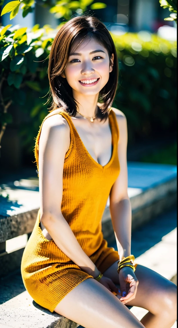 ,City park in the evening、32K、Top image quality、Ochre sleeveless knit dress、no-bra、no-Panties、The body line is clear、Happy smile、Sitting on your folded legs、（Bob Hair）、extremely flat chest、No valley、slender physique、small tits:1.5、stature: 155cm，Extraordinary beauty、Beautiful face、Low Heels、Bracelet in right hand、Japanese bautiful actoress,age 30s,