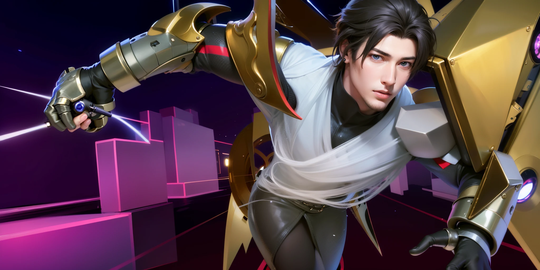 masculine male, masterpiece, ((perfect eyes)) best quality, (semirealism:1.9), beautiful lighting, (extremely detailed CG unity 4k fhd wallpaper), High Detail, Sharp focus, dramatic outdoors, 1 man , 30 years old, white hair, light purpel eyes, smile.
