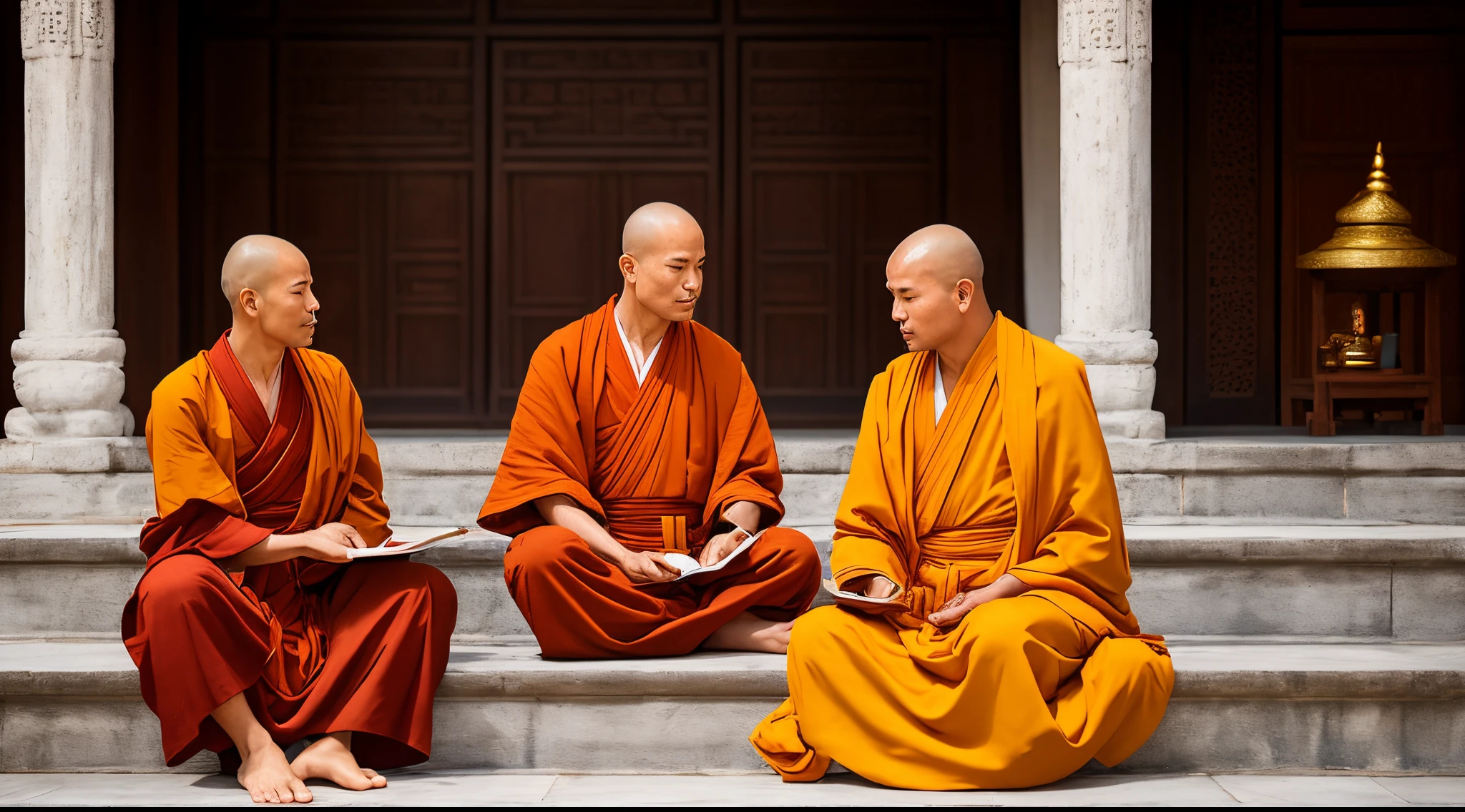 Two monks sitting on the steps of a temple talking to each other, Taoist temples and monks, wearing flowing robes, monk uniforms, monk meditating, monk meditating, yellow robes, scenes in live action movies, monks, Nguyen Gia and Michael Cormack, wearing brown robes, Artie Guerin and Steve McCurry, portrait shoots, monks