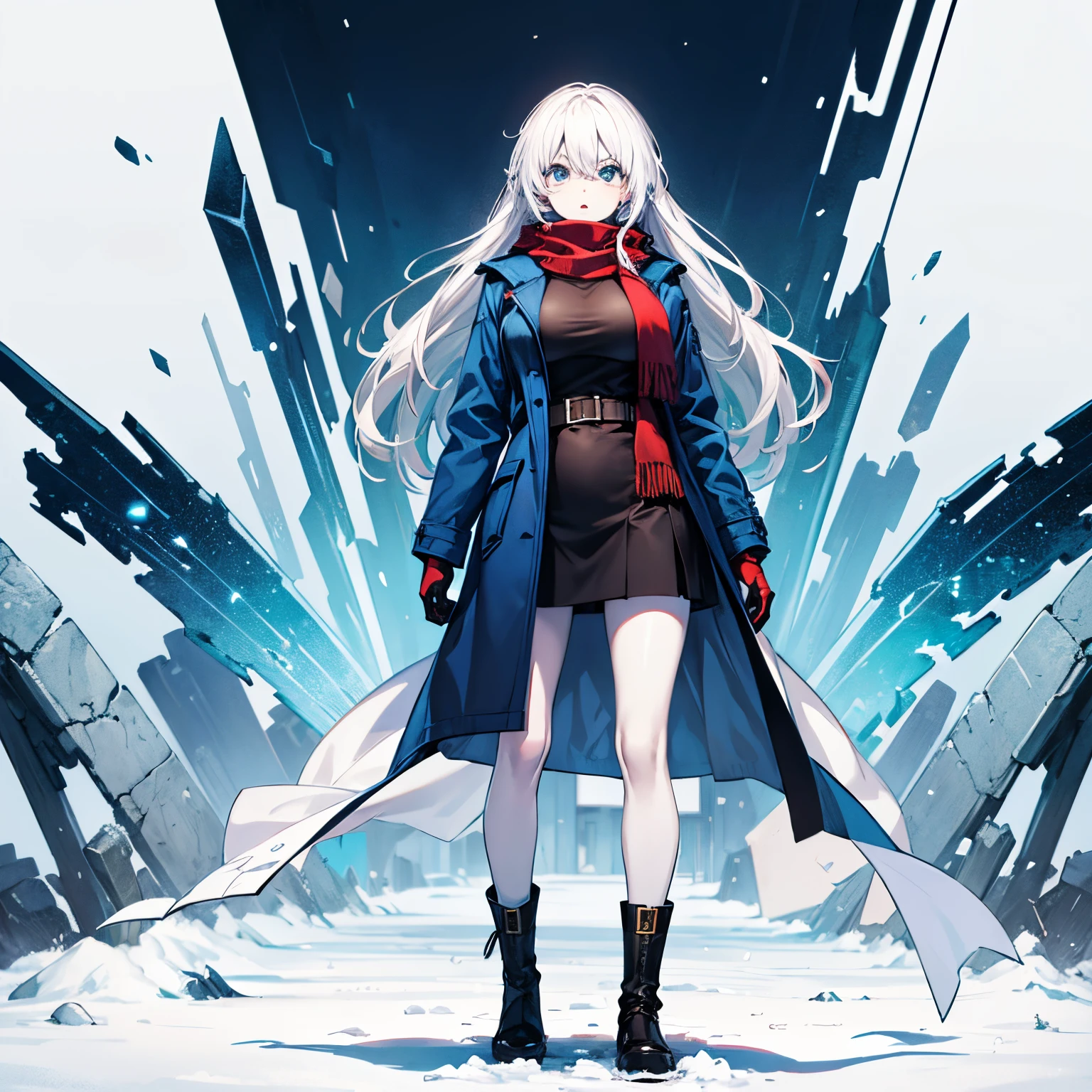 (masterpiece), 1girl, best quality, expressive eyes, perfect face, winter clothes, (white skin, pale skin), gloves BREAK Thick eyebrows, glaring, red scarf BREAK winter coat, blue coat BREAK light blue eyes, white hair, long hair, large breasts, :o, abstract background, icicles, white and blue background, Boots, standing