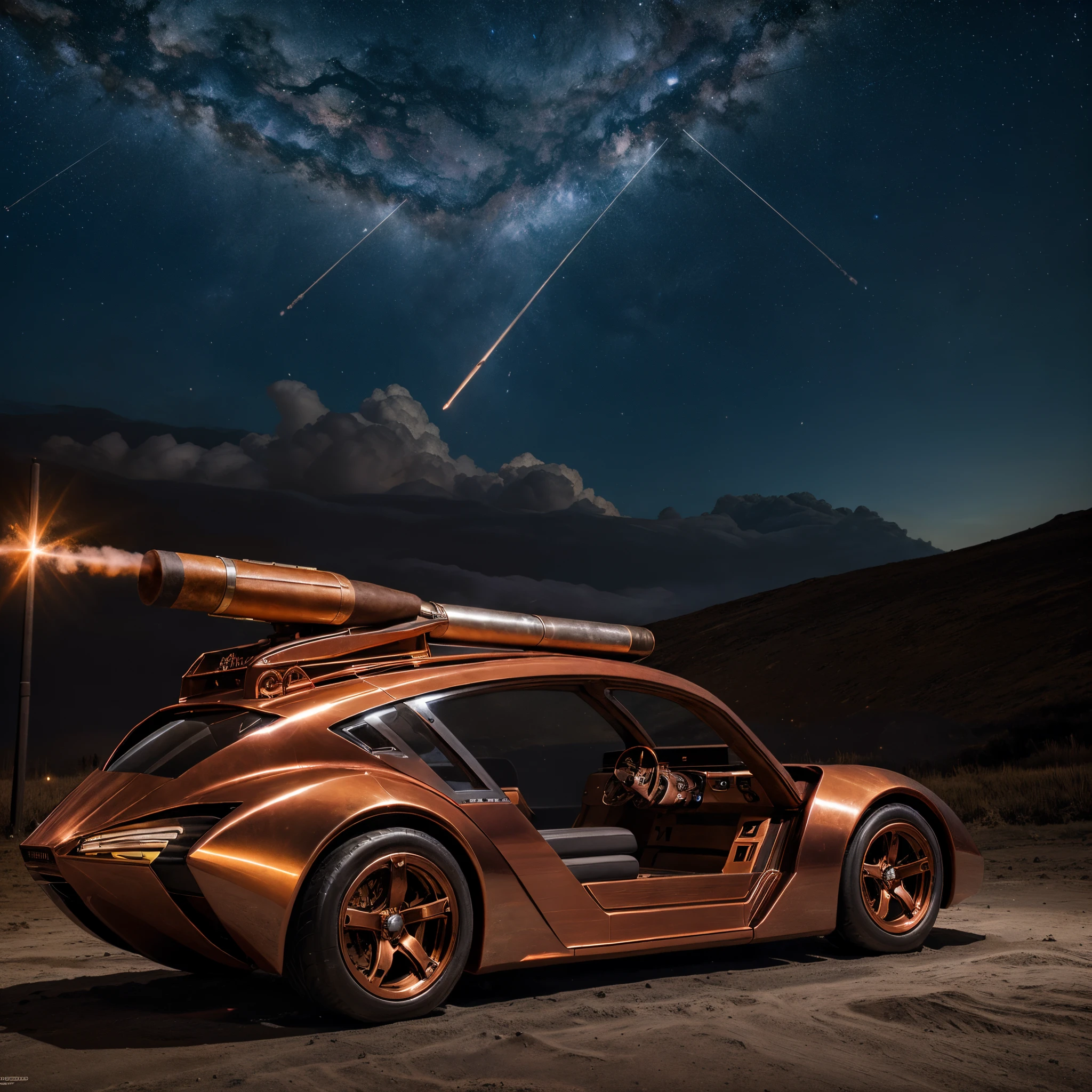 futuristic Space craft, Copper coloured, (long cigar shape) windows at the front, two engines at the back and two at the front, ((night sky with a nebula and stars background)),(masterpiece:1.2) (photorealistic:1.4) photorealistic, Extremely Realistic, Long cigar shaped craft above the moon.