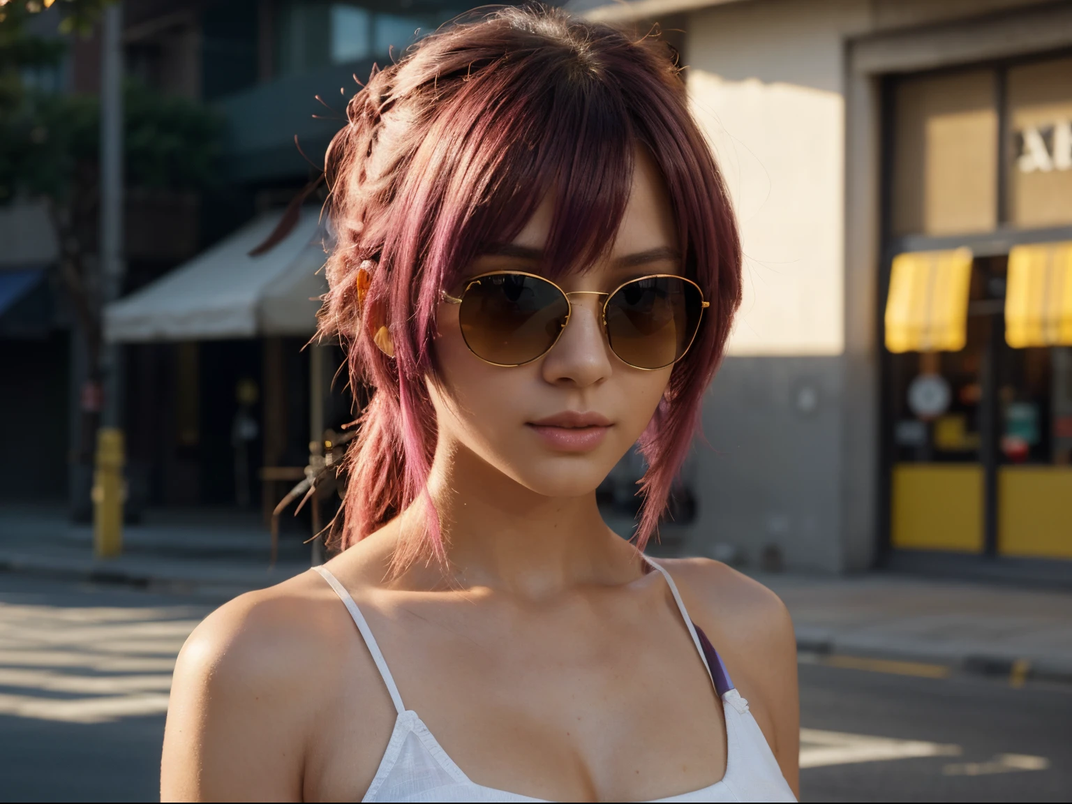 (best quality,4k,8k,highres,masterpiece:1.2),ultra-detailed,realistic:1.37,yae miko wearing trendy yellow sunglasses,yellow background,pink hair,purple eyes, vivid colors,physically-based rendering,extremely detailed eyes,beautiful detailed lips,stylish,modern,high-fashion,confident posture,urban cityscape,reflection of sunlight on sunglasses,subtle shadows,perfect composition,concept artists