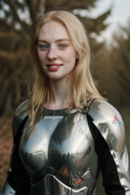 Ultra realistic photography of dbwl woman with many huge beauty marks on her natural pale white skin  ,    full body portrait   ,  SFW,  (((wearing chrome exosuit))), chest,

 ((fighting stance)),   natural (  pale light blonde eyelashes) , blue eyes, medieval background,
 detailed Natural pale white skin  with (many huge round beauty marks) , smile, light pale blonde eyebrows,
 in frame,  happy, clean cheeks,
detailed, natural light blonde,  outdoors, sunny, high resolution, photograph, RAW photo, chr0me4rmor, [[sexy]]