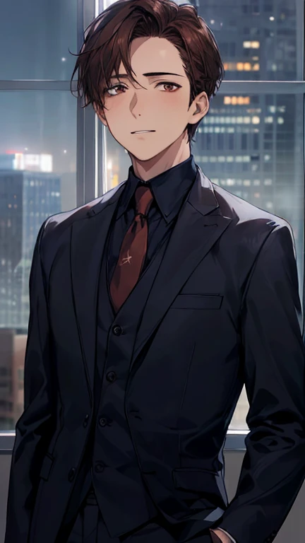 1boy, face focus, adult, business suit, jacket, white shirt, brown eyes, brown hair, necktie, pants, best quality, hires, detailed face, office, buildings from window, detailed background, diffused sunlight, depth of field, bokeh