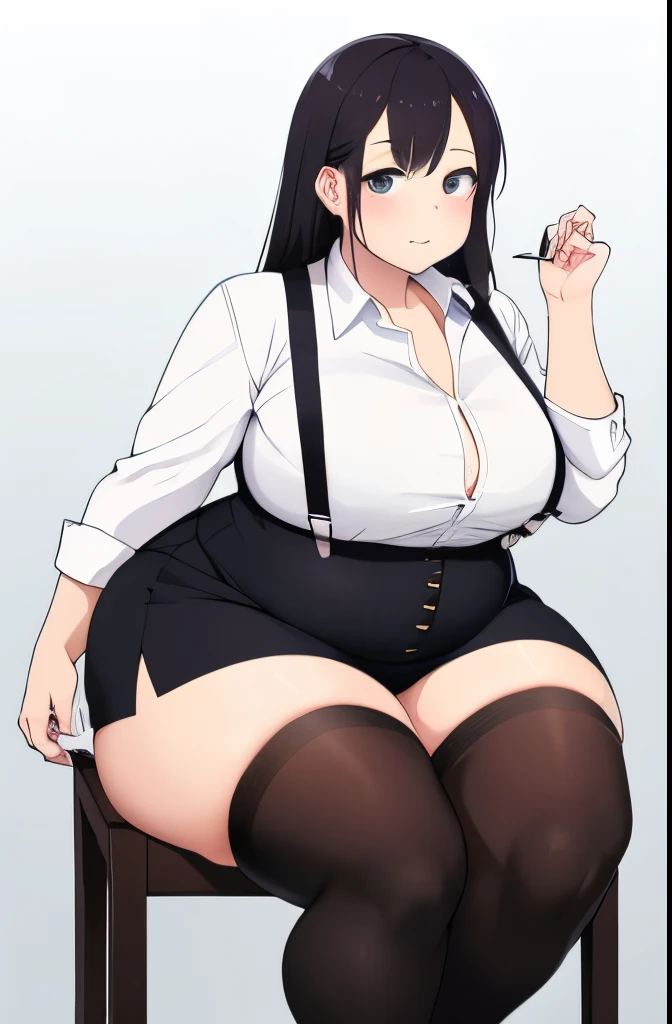 button- shirt , white  shirt, black suspenders stockings，high-heels，overweight obese body，spread your legs，protruding abdominal fat，overweight fat belly