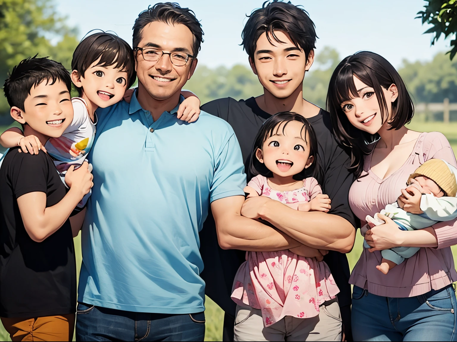 A happy family with a father who is smiling happily, a mother who is holding a baby girl, and her four sons who are also smiling happily