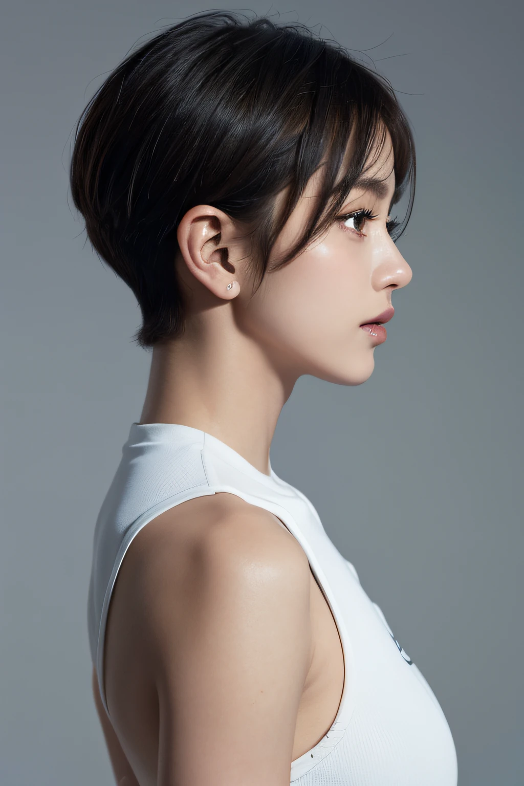 1 girl, Side profile, White gym clothes, short detailed hair, obliques, deep dark background, background lights, hor ears