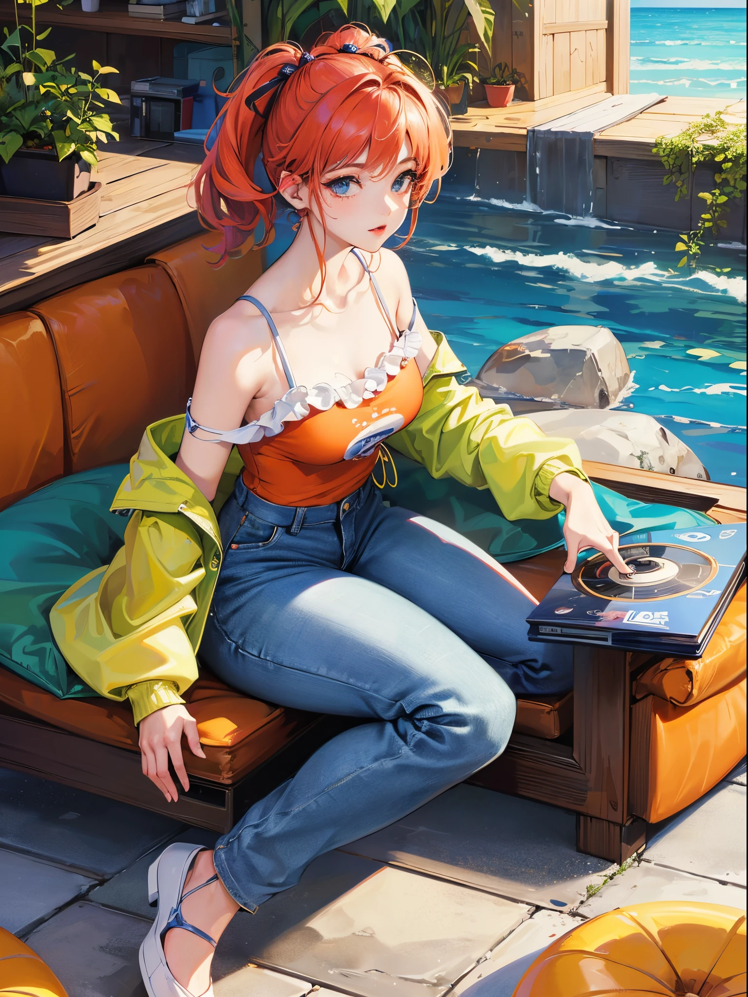 Orange and Indigo Keynote Speech、Vibrant colors、((​masterpiece)))、(((top-quality)))、((ultra-detailliert))、(A hyper-realistic)、(highly detailed CGillustration）、Official art、CD cover、seaside、It will be、Mid summer、Stylish、glorious 1980s、Cool Beauty、cochetti gorgeous、matchless beauty、camisole、jeans、Female Solo、Perfect Angle、perfect-composition、